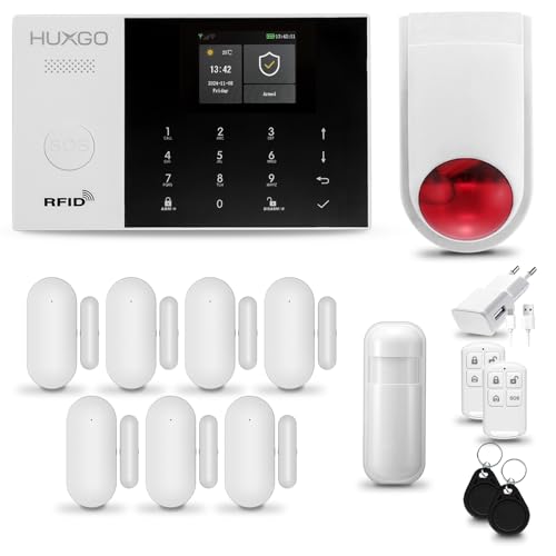 HUXGO® HXA005 Sistema de Alarma inalámbrico con Sirena Exterior WiFi + gsm 4G | Kit Alarma con 1x Sensor de Movimiento, 7X alarmas de Puerta/Ventana | Idioma Español
