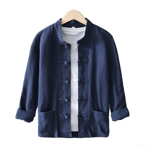 Camisa de manga larga para hombre con cuello alto y cierre de botones en estilo clásico chino Tang (XL azul oscuro)