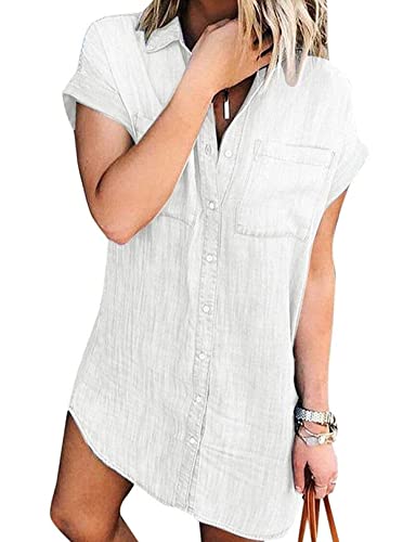 Zilcremo Jeanskleid Damen Sommer Kurzarm Button Down Kurz Denim Kleid Blusenkleid Hemdkleid Sommerkleid Weiß L