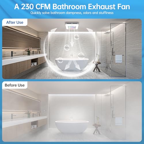 Image of Bathroom Exhaust Fan with Bluetooth Speaker & RGB Light, 230 CFM Ultra Quiet Ceiling Vent Fan with Remote, 3CCT Dimmable LED Light, 7 Color Mood Lighting, 1.0 Sone for Bathrooms up to 200 Sq.Ft