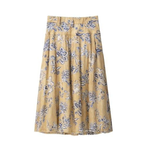 Women's Flowy Ramie Floral Print Mid Rise Midi Skirt with Pockets, Side Zipper & Frayed Hem A-Line Style2
