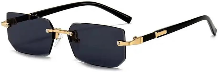 Street Knitted Vintage Rectangular Gold Frame Cool Trendy Luxury Fashion Polarized Retro Rectangle Black Tinted Sunglasses for Women Men Square Frameless Shades Summer Hip Hop Sun Glasses