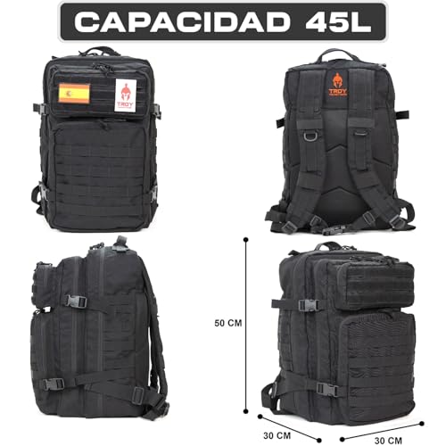 TROY HELMET BAGS Mochila táctica militar con porta casco para moto, patinete eléctrico, seguridad, patines, boxeo, escalada, bicicleta, esquí, snowboard, equitación. Bolsa crossfit gimnasio. (Negro) - imagen 4