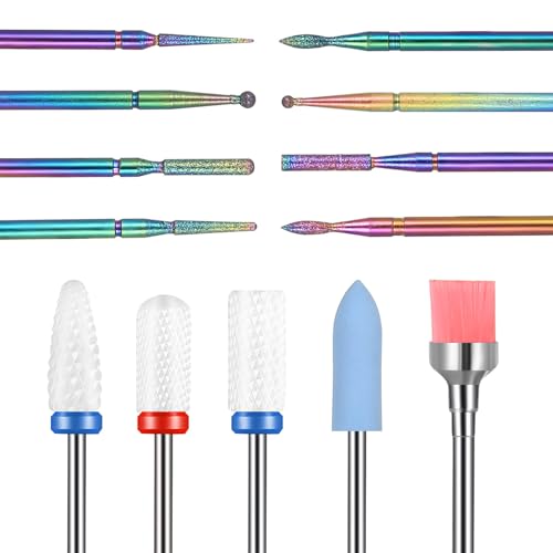 13 Pcs Fresas Torno para Uñas Profesional: 3 Broca Unhas de carburo de tungsteno de 3/32", 3 brocas de cerámica, 6 brocas de metal y 1 cepillo, para manicura y pedicura de uñas de gel acrílico