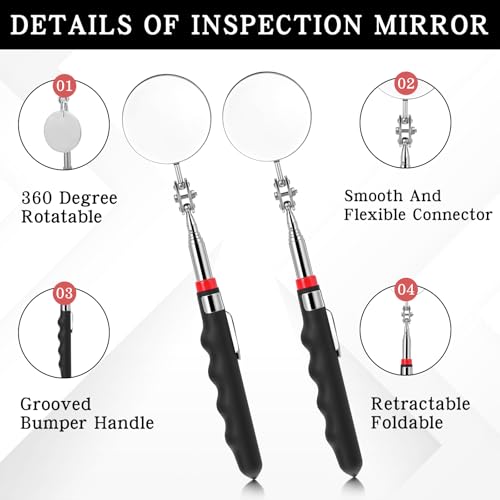6 Pcs Telescoping Inspection Mirror, Extendable 28.3 Inch Mechanics Mirror Tool with Long Handle, Under Vehicle 360 Rotation Round Inspection Mirrors for Technicians Checking Vehicle Condition