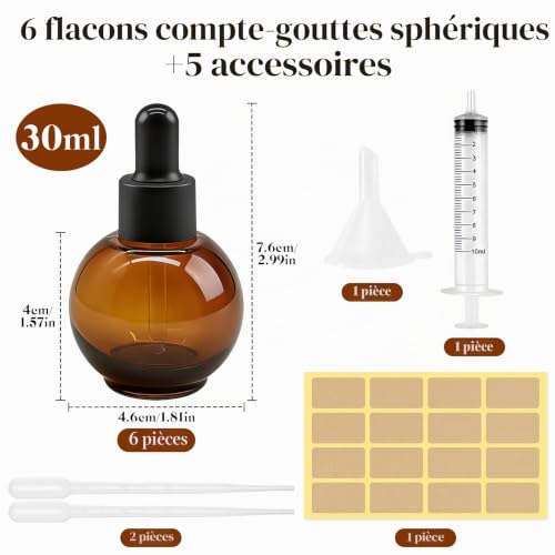 Maxumille Lot de 6 Flacon Pipette Ambré 30ml pour Huiles Essentielles – vue 3