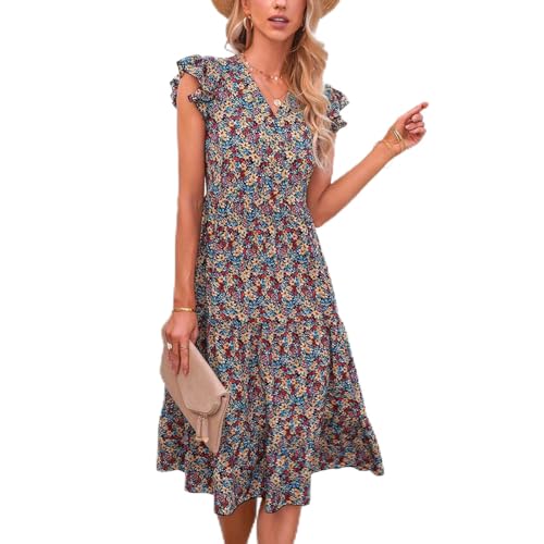 Robe d'été col en V à broderie florale et volants fluides