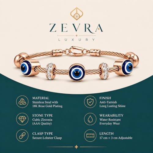 Image of Evil Eye Charm Bracelet for Women | Rose Gold Crystal Cable Bracelet | Designer Fashion Anti-Turnish Jewellery | Gift for Women & Girls