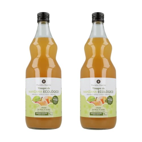PLANETA HUERTO | Pack 2x Vinagre de manzana ECO crudo sin filtrar con la madre 1L - 5% Acidez, No pasteurizado, Vegano, Origen España