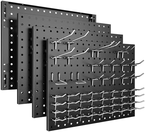 Peg Board, 4 Pack Metal Pegboard Panels with 50 Hooks, Black Pegb...