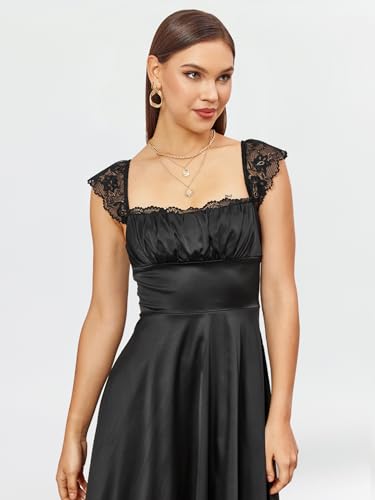 Image of EYNMIN Lace Strap Chiffon Dresses for Women Casaul Flowy A Line Midi Tea Party Dress