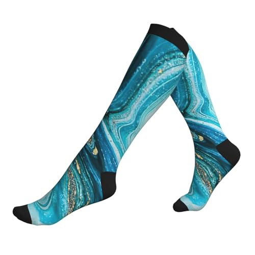 Turquoise Blue Gold Marble Print Compression Socks for Women and Men,15-20 mmHg is Best Support for Athletic sports