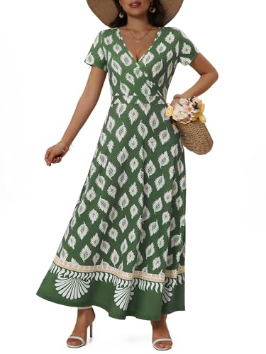 Image of HUHOT Women's Short Sleeve Wrap V Neck Dresses for Wedding Guest Summer Floral Maxi Sundresses with Pockets Boho Dress