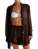 Gihuo Womens Summer Beach 2 Piece Outfit Sheer Blouse Mesh Lounge Set Sexy See Through Shorts Set(Brown-L)
