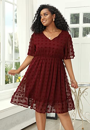 Vestido Feminino Plus Size Com Decote Em V Polka, Manga Floral Boêmia De Manga Curta Cintura Alta Ru