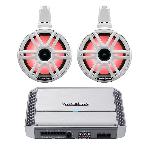 Rockford Fosgate 1 Pair M2WL-8H 8” White Color Optix Horn Wake Tower Speakers with PM600X4 4 Channel Marine Amplifier