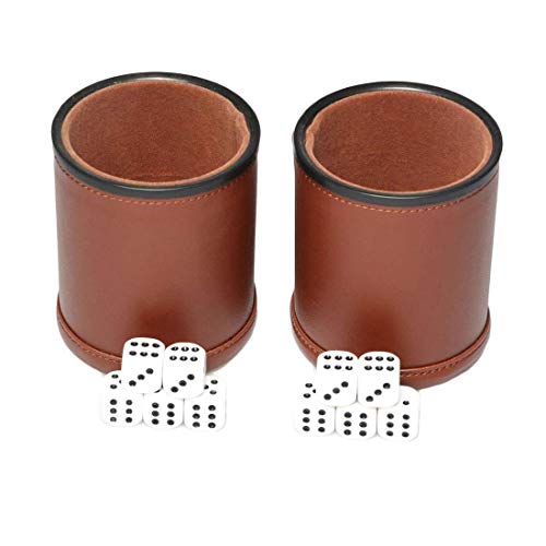 Juego de 2 tazas de cuero para dados con forro de fieltro, silencioso, con 5 dados para juegos Farkle Yahtzee, color marrón