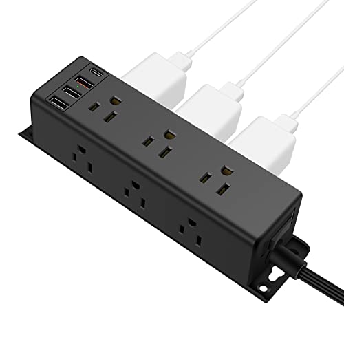 JUNNUJ Desk Power Strip with 9 Outlets, Wall Mount Surge Protector with USB-A and USB-C Ports, Table Edge Outlet Socket Fast Charging Station, 3 Sided Outlet Extender with 6FT Extension Cord - Black