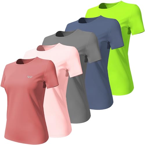 Wulibike 3 or 5er Pack Sportshirt Damen Funktionsshirt Stretch Schnelltrocknend Activewear Atmungsaktiv Laufshirt Kurzarm Fitness Wandershirt UPF 50+ Sonnenschutz Top Rot-Rosa-Grau-GrauBlau-Grün M