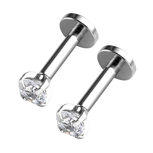 Adecco LLC 2PCS 16g 316L Stainless Steel 2-4mm Cubic Zirconia Labret Monroe Lip Ring/Tragus/Helix Earring,6mm/8mm Bar Length (3mm zircon 8mm bar)