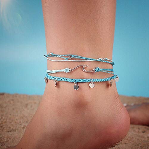 Image of Waterproof String Anklets Cute Beaded Ankle Bracelets Beach Wave Anklet Stainless Steel Coin Boho Ankle Jewelry for Women