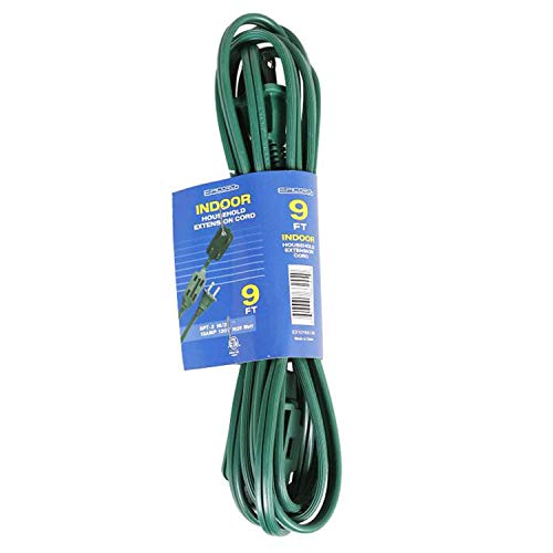 EPICORD 9Ft Indoor/Outdoor Extension Cord - 16/2 AWG Durable Green Electrical Cable with 2 Prong Grounded Plug