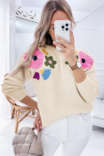 Stylish Long Sleeve Sweater: Beige Knitted with Flower Pattern3