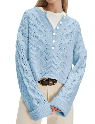 Women's Cable Knit Sweaters Loose Long Sleeve Crewneck Button Sweaters Pullover Casual Fall Outfits Fashion Clothes