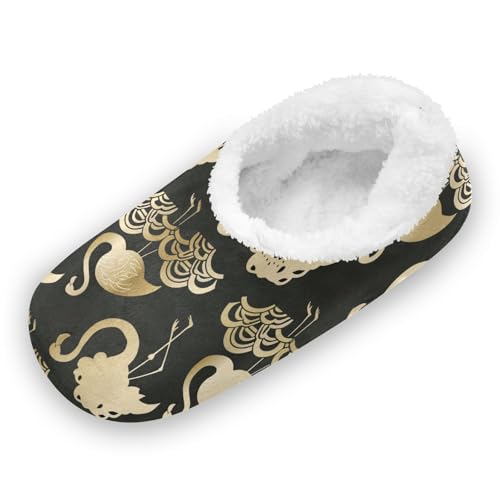 EtherSpher - EtherSpher Chaussures traditionnelles chinoises avec semelle en caoutchouc antidérapante pour homme et femme - Motif flamant rose noir doré, Motif traditionnel chinois flamant rose noir doré, Large