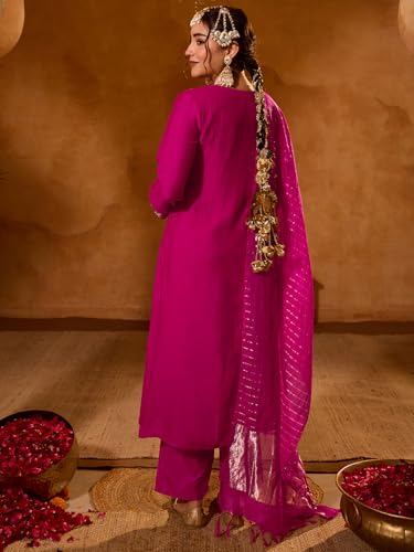 Image of Naixa Women's Viscose Silk Embroidered Straight Kurta with Pant | Viscose Jacquard Dupatta Set | Full Sleeve | V-Neck | Festive (Available in Plus Size)