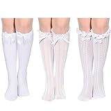 3 Paar Oktoberfest Socken Damen Lange Socken mit Schleifen Spitzenbesatz Rüschen und Satin Weiß Strümpfe Oktoberfest Deutsches Dirndl Kniestrümpfe für Damen Lolita Student