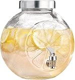 JEXE 5 Litre Glass Beverage Dispenser with Spigot – Stylish Lemon Themed Frosted Glass Drink Dispenser with Airtight Lid, Perfect for Iced Tea, Lemonade, Sangria, Fruit Punch at Your Next Party
