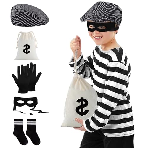 Maazusa Disfarce de ladrão para crianças, conjunto de 6 peças com t-shirt às riscas, boinas, venda para olhos, bolsas, meias, fantasia de ladrão, para Halloween, carnaval, festa (130)