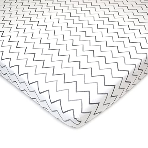 Image of American Baby Company 2 Pack 100% Natural Cotton Fitted Pack and Play Sheets 39 inch x 27 inch - Soft & Breathable Pack N Play Sheets for Playard & Mini Crib Mattress, Grey Stars /Zigzag, for Boys & Girls
