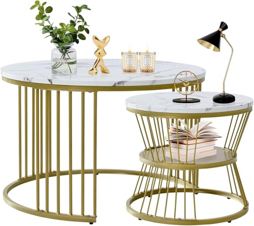 Image of Nesting Coffee Table, 20 inch Round Coffee Table Set of 2, Wooden Nesting Table with Metal Frame, Center Tables for Living Room Bedroom Balcony Bedside Table Gold White