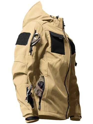 VoLIta Taktische Softshell-Jacke für Herren, leicht, wasserabweisend, Frühling, Herbst, Windbreaker, Reißverschluss, Kapuzenmantel mit Taschen, Khaki, XXL VoLIta Taktische Softshell-Jacke für Herren, leicht, wasserabweisend, Frühling, Herbst, Windbreaker, Reißverschluss, Kapuzenmantel mit Taschen, Khaki, XXL