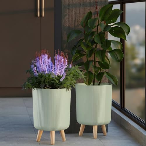 Image of StyleX Store Modern Flower Pot with Plastic Legs | Indoor Outdoor Planter for Home Garden Balcony Decor Ribbed Design Sturdy Plastic Mid-Century Style (saga Green Pack of 2)