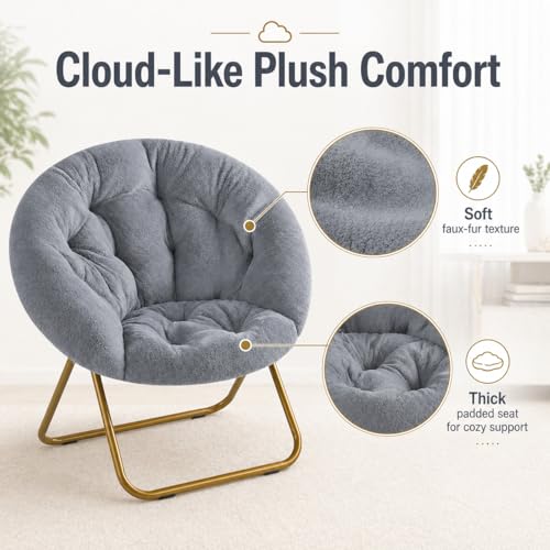 Image of Simple Deluxe Cozy Chair, Faux Fur Saucer Chair for Bedroom, Comfy Foldable Moon Chair, Round Fluffy Chair for Living Room, Fuzzy Saucer Chairs for Adults Room, Gray