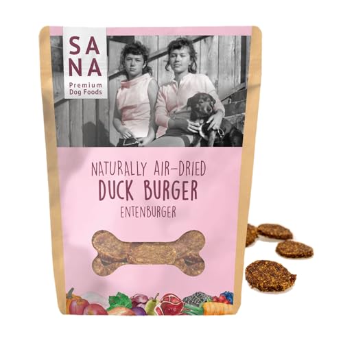 Sana Premium Dog Foods Hamburguesa de patos, 100 g, secado al aire suave, golosinas para perros, aperitivo saludable para perros, sin cereales, sin aditivos, colorantes ni conservantes