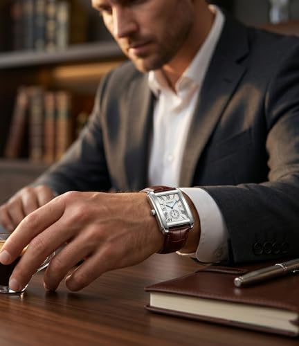 Image of LONGBO Mens Watch Rectangular Shape Alloy Case Business Casual Genuine Leather Strap with Seconds Subdial | Calendar Date | Scratch Resistant Waterproof Watches for Men