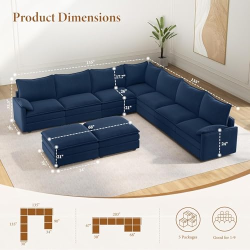 Image of Vesgantti Large Modular Sectional Sofa, Big Comfy Cloud Couch with Ottoman Deep Seat Chenille Cloud Sofa, 9 Seater Large Sectional Couches for Living Room, Bedroom and Apartment, Blue