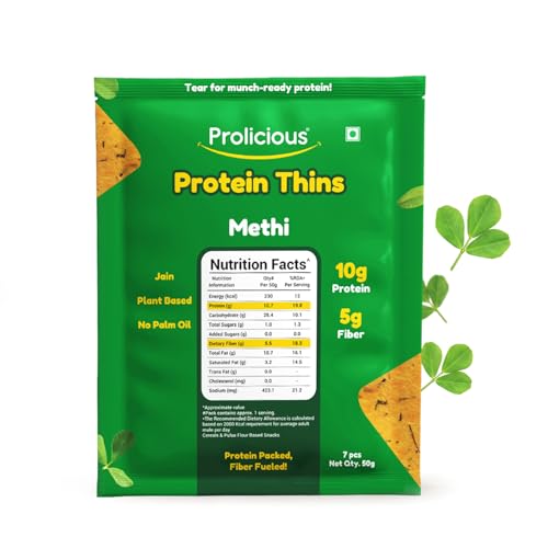 Image of Prolicious Thins Methi High Protein Chips | Upgrade Your Snacking | 10g Protein + 5g Fibre | Same Crunch, Snack Smarter | Plant Based, Jain | No Palm Oil | 50g