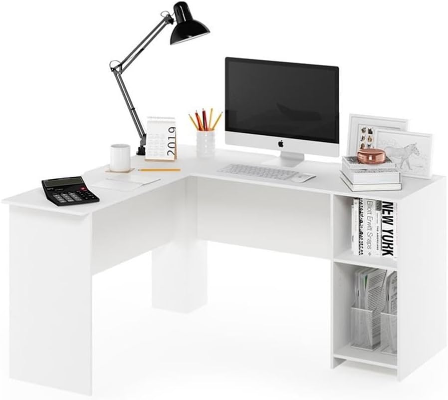Pemberly Row L-Shaped Engineered Wood Computer Desk with Bookshelves, White Finish, 53.54" W x 49.6" D x 28.35" H, Durable Home Office Desk for Corner Use, Storage Shelves for Books and Supplies