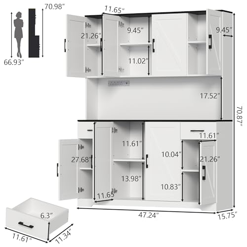 Gyfimoie 71’’ Tall Kitchen Pantry Cabinet with Charging Station, Wider Farmhouse Kitchen Storage Cabinet with Countertop Freestanding Hutch with Storage Drawers & Doors for Living Dining Room (White)