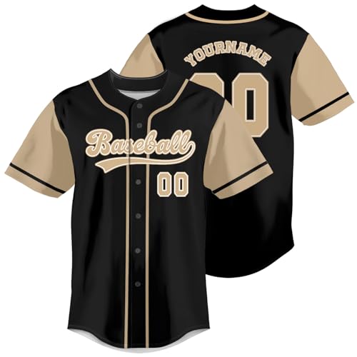 Camiseta de béisbol personalizada con nombre y número | Camisas abotonadas para hombres, mujeres y niños - Negro/SaddleBrown