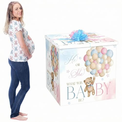 AmazingSpark 28in Giant Gender Reveal Gift Box with Lid Kit Oversized Gender Reveal Balloon Box Large Pull Bows for Baby Shower Birthday Party Decor(He or She Bear)