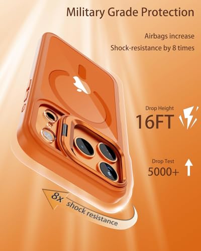Image of VONZEE Clear Camera Stand Case Compatible with iPhone 17 Pro, Built-in Adjustable Kickstand, MagSafe Compatible Magnetic Cover, Slim Shockproof Protection, Crystal Clear Back (Cosmic Orange)