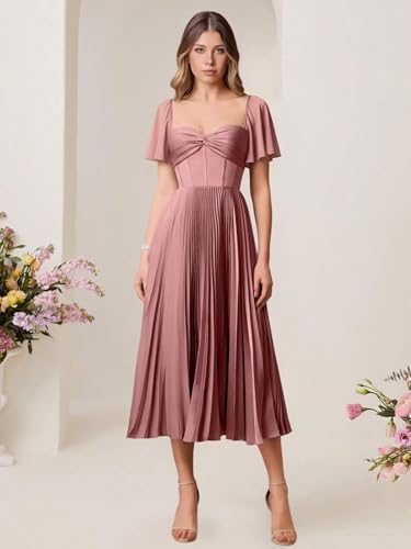 Satin Short Sleeves Bridesmaid Dress Tea Length Pleated Formal Midi Dress QA2693