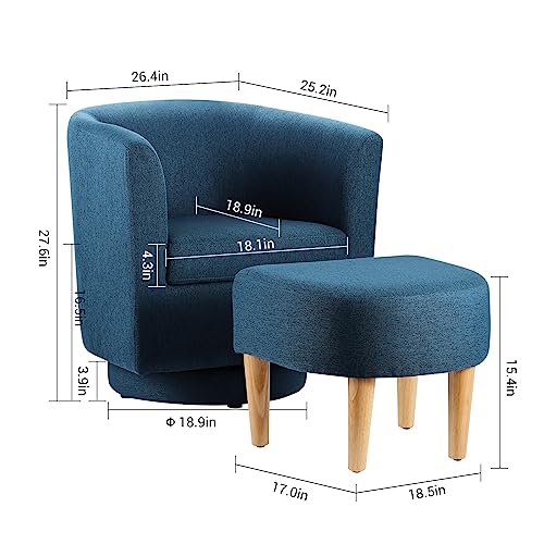 DAZONE Swivel Accent Chair, Modern Swivel Chair with Ottoman, Comfy Swivel Arm Chairs Living Room Chairs Upholstered Armchair 360 Degree Barrel Round Club Tub Sofa Chair for Bedroom Reading Room, Blue