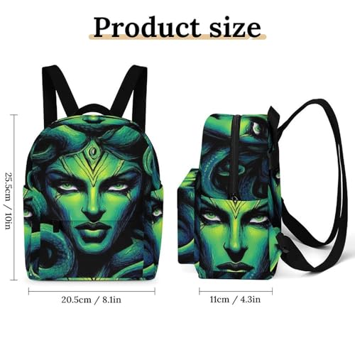 Mini Travel Bag for Women, Greek Goddess Snake Queen Medusa Green Art Small Lightweight Backpack Water-Resistant Adjustable Straps Casual Daypack for Daily Work Office2